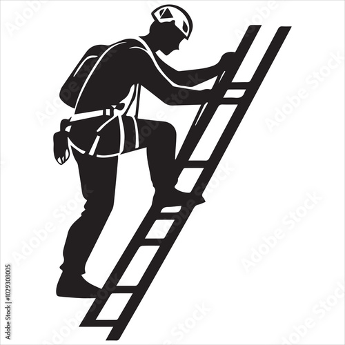 Simple minimalist vector logo of a man in a helmet and harness climbing a ladder, on a white background.