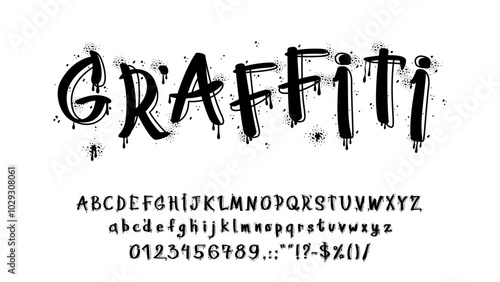 Graffiti font, spray letters font. Black alphabet with dripping paint effect. Vector bold uppercase and lowercase letters, numbers and special characters with street art edgy urban culture aesthetic