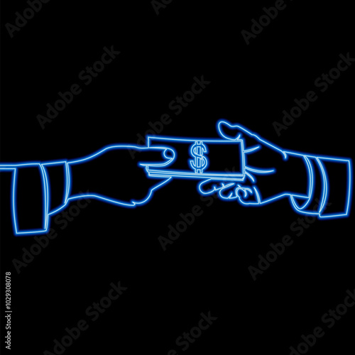 Continuous line drawing cash payment in hand icon neon glow vector illustration concept