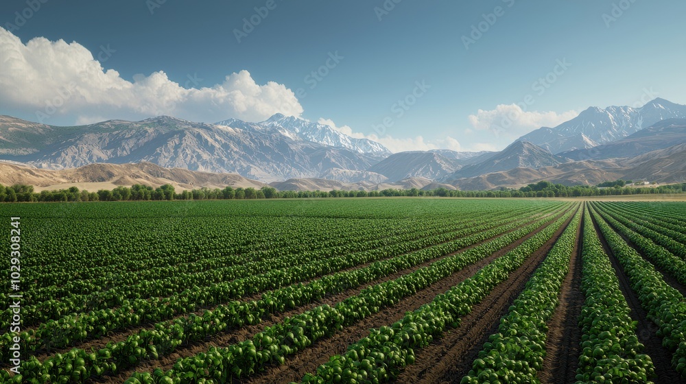 A lush green field stretches across the landscape, lined with rows of crops, set against majestic mountains under a clear blue sky. A lush green field stretches across the landscape, lined with rows of crops, set against majestic mountains under a clear blue sky.