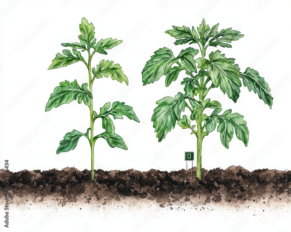 Two healthy tomato plants growing in rich soil, showcasing vibrant green leaves and organic gardening. Two healthy tomato plants growing in rich soil, showcasing vibrant green leaves and organic gardening.