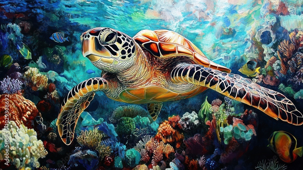 A sea turtle swims through a vibrant coral reef, surrounded by colorful fish. A sea turtle swims through a vibrant coral reef, surrounded by colorful fish.