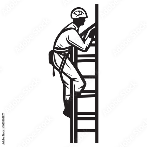 Simple minimalist vector logo of a man in a helmet and harness climbing a ladder, on a white background.