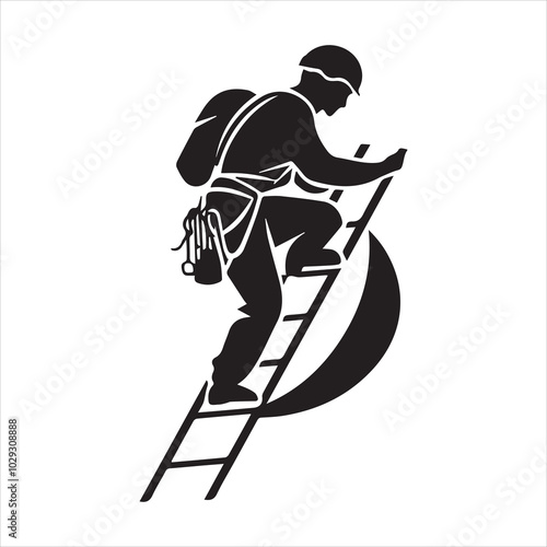 Simple minimalist vector logo of a man in a helmet and harness climbing a ladder, on a white background.