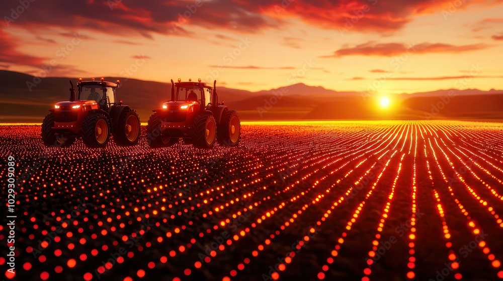 The image showcases two tractors in a vast field, illuminated by a stunning sunset, creating a vibrant and serene agricultural scene. The image showcases two tractors in a vast field, illuminated by a stunning sunset, creating a vibrant and serene agricultural scene.