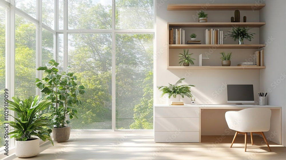 Bright and modern home office with plants, desk, and bookshelves in a sunlit room, promoting creativity and productivity. Bright and modern home office with plants, desk, and bookshelves in a sunlit room, promoting creativity and productivity.