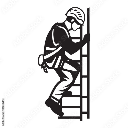 Simple minimalist vector logo of a man in a helmet and harness climbing a ladder, on a white background.