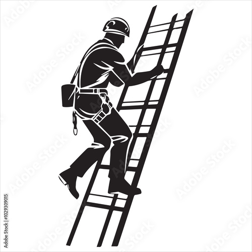 Simple minimalist vector logo of a man in a helmet and harness climbing a ladder, on a white background.