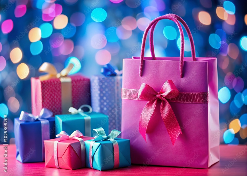 Obraz premium Vibrant Pink Shopping Bag with Colorful Gift Boxes in a Panoramic View for Festive Celebrations