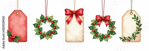 Festive and beautiful set of watercolor Christmas gift tags with holiday motifs isolated on white background