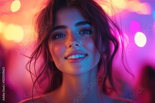 A young woman smiles brightly against a colorful, blurred background of lights.