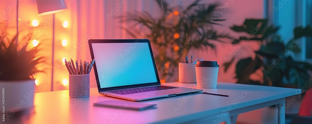 Modern workspace featuring a laptop, plants, and cozy lighting, perfect for creative work or remote office setups. Modern workspace featuring a laptop, plants, and cozy lighting, perfect for creative work or remote office setups.