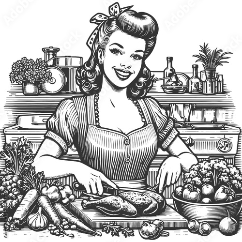 woman in the kitchen, cutting chicken and preparing a meal with fresh vegetables, vintage homemaking charm and culinary skill sketch engraving generative ai vector illustration. Black and white image.