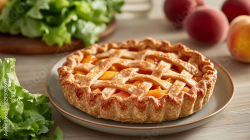 Peach pie with lettuce on a plate