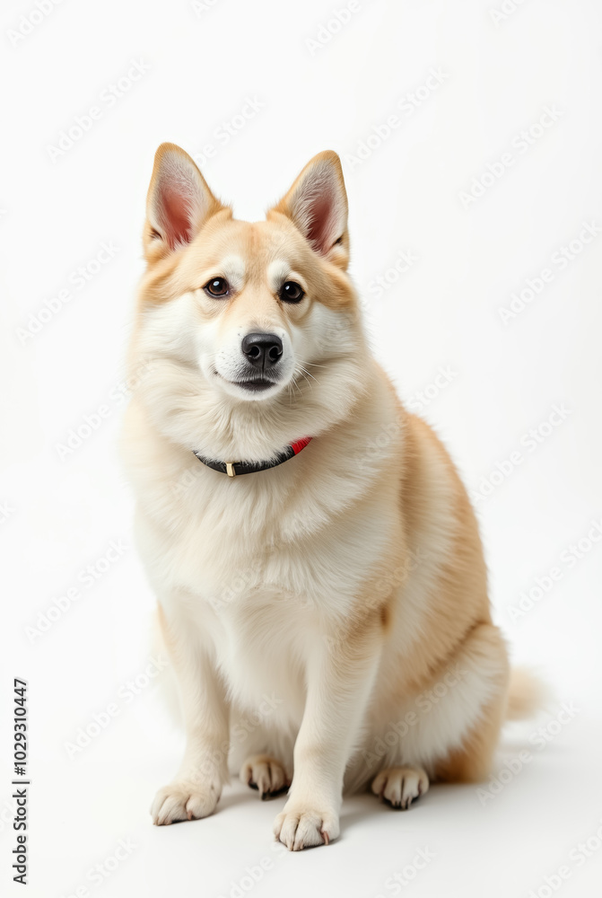 A fluffy corgi sits attentively against a plain white background, displaying a friendly expression and a relaxed posture, embodying its playful and loving nature