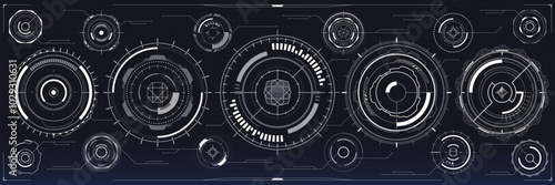 Digital HUD elements, futuristic technology cyber UI interface of Sci Fi and future tech game. Vector graphic futuristic control panel holograms, abstract round target or button, head display elements