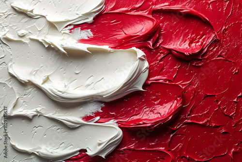 Thick paint white and red, acrylic or smear oil. Concept template close-up cream or art materials for wallpapers and backdrops and backgrounds photo