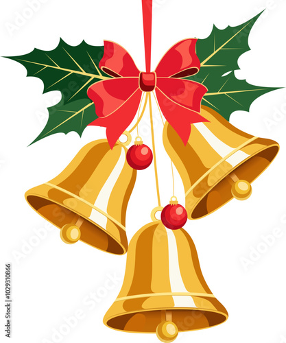 Golden bells with a red bow and holly on a white background. Merry Christmas, symbol, holiday, religion. modern Vector illustration in flat style
