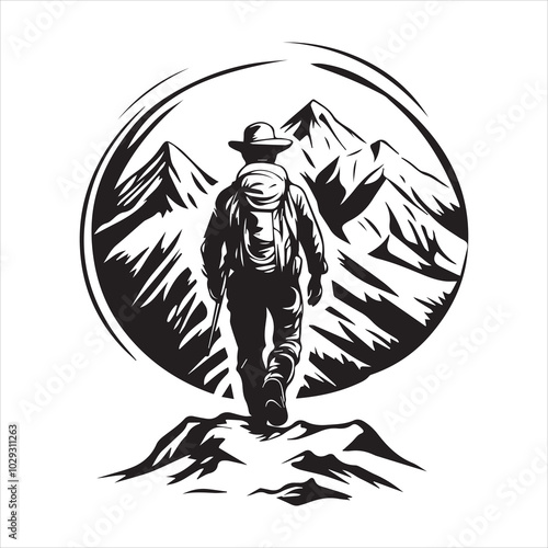 Silhouette of Hiker with Backpack in Mountain Forest Landscape.