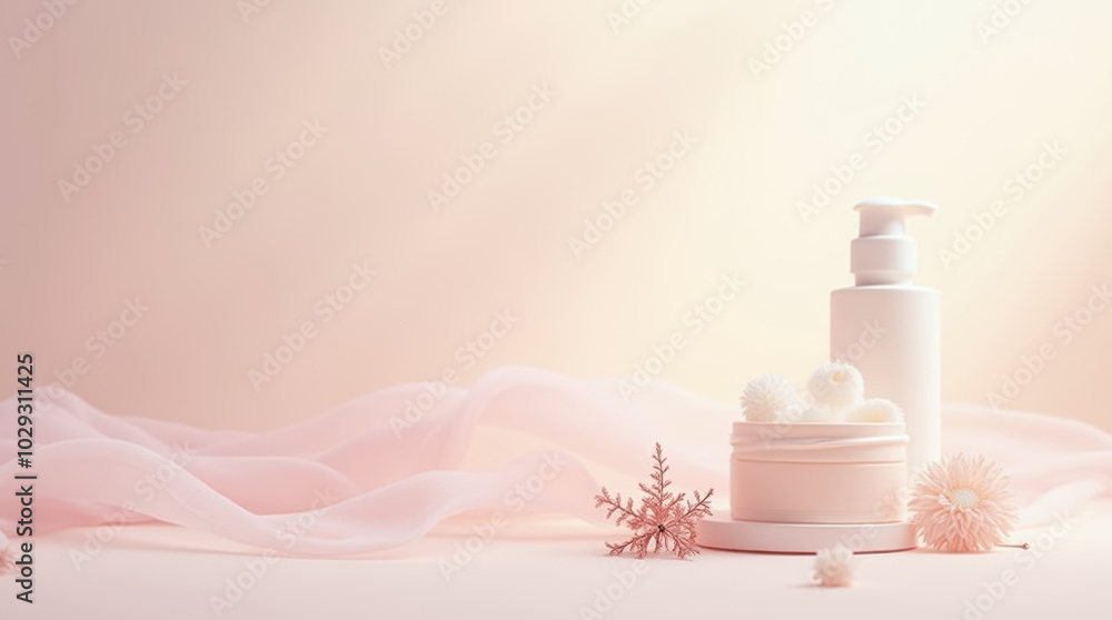 A gentle composition features skincare products alongside delicate flowers and soft fabric, creating a tranquil atmosphere perfect for relaxation and self-care A gentle composition features skincare products alongside delicate flowers and soft fabric, creating a tranquil atmosphere perfect for relaxation and self-care