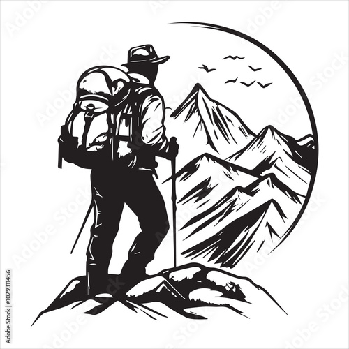 Silhouette of Hiker with Backpack in Mountain Forest Landscape.