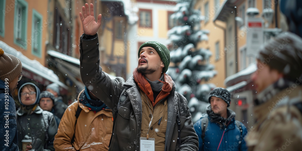 Fototapeta premium Tour guide leading a group of visitors to tourist attractions, giving them information and insights, pointing at local architecture. Winter time.