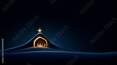 Silent Night, Holy Night: A minimalist nativity scene, subtly illuminated against a deep blue backdrop, evokes peace and serenity.