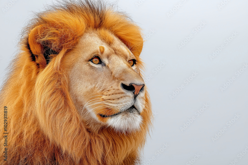 Majestic lion with golden mane against soft gray background - a symbol of strength and royalty in the wild