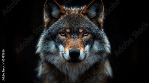 intense portrait of a majestic wolf captured with striking detail against a dark background evoking a sense of strength and wildness in a captivating composition