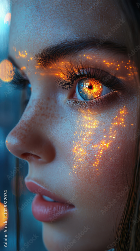 Artistic portrait of a woman with glowing eyes and creative makeup, conveying emotion and fantasy. Artistic portrait of a woman with glowing eyes and creative makeup, conveying emotion and fantasy.
