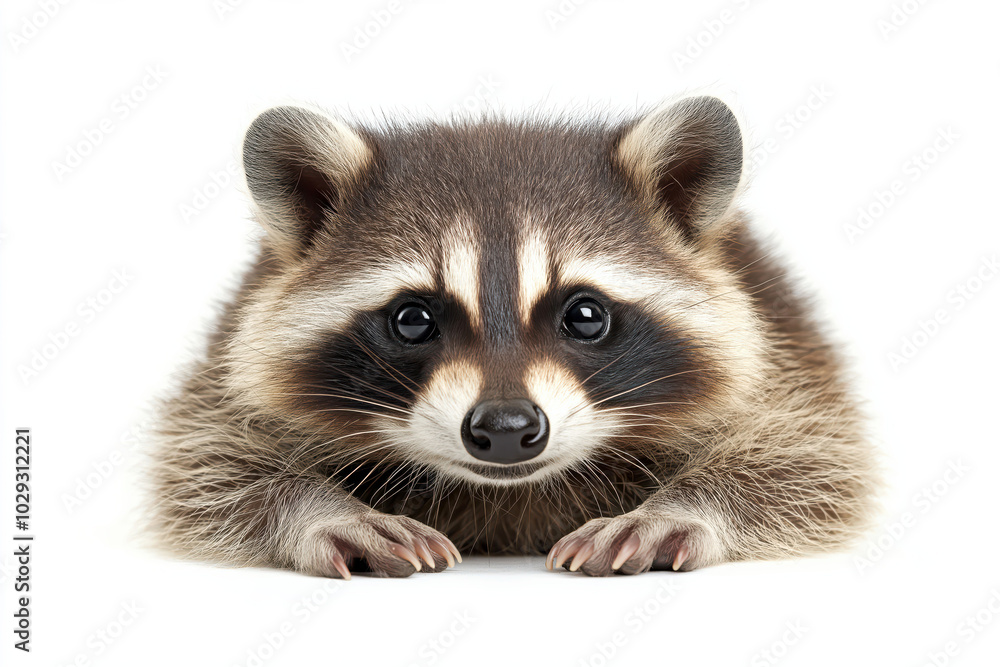 Obraz premium Cute baby raccoon lying on white background with curious expression