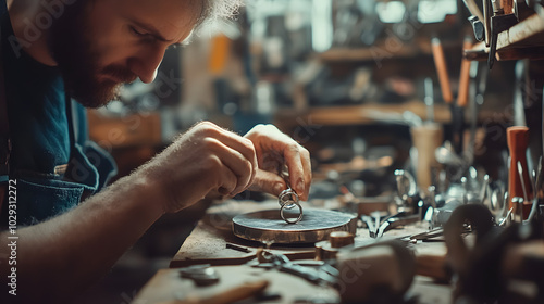 A silversmith polishing a handmade silver ring in a cluttered workshop filled with tools.