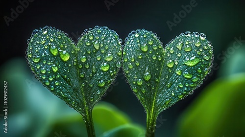 intimate closeup of two blades of rainsoaked grass leaning together their dewladen tips touching in a delicate embrace showcasing natures intricate connections in radiant greens photo