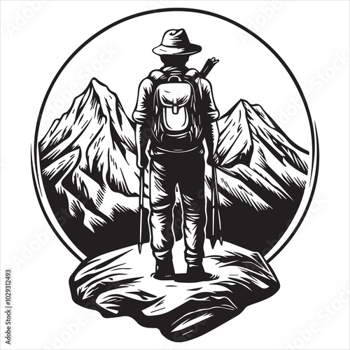 Silhouette of Hiker with Backpack in Mountain Forest Landscape.