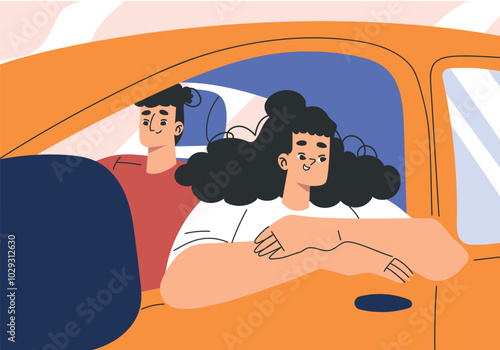 Man and Woman Character in Car Driving Enjoy Road Trip Vector Illustration