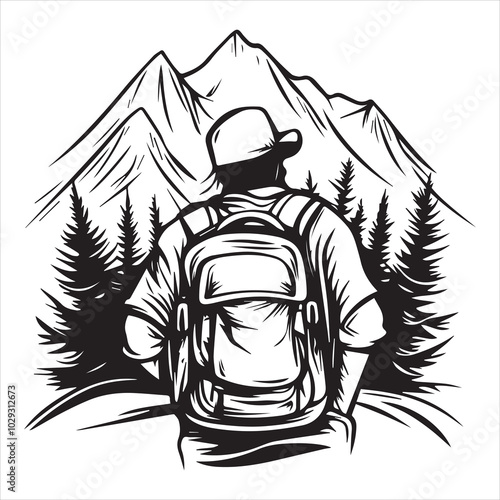 Silhouette of Hiker with Backpack in Mountain Forest Landscape.
