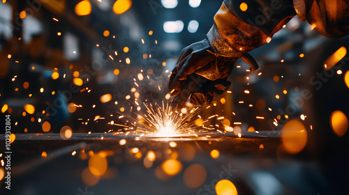 A skilled welder working with sparks flying in a metal workshop. photo