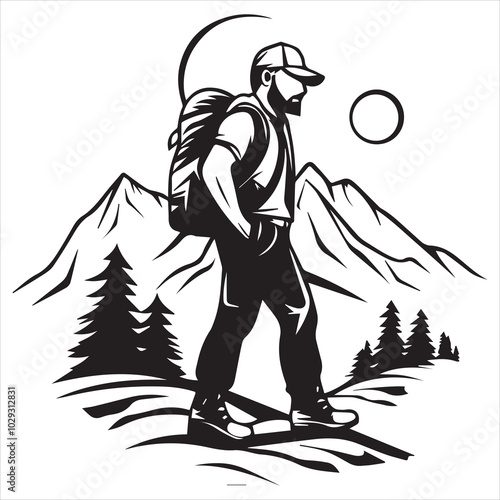 Silhouette of Hiker with Backpack in Mountain Forest Landscape.