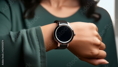 A closeup view of a round smartwatch or smart watch on the wrist of a professional; smartwatch technology and innovation on personal electronics; fitness tracker and health monitor on the human wrist;