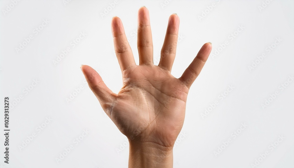 A hand with five fingers showing the palm of the hand on a white background; an open palm to indicate high five or number five; a hand gesture of the number five or high five for congratulations A hand with five fingers showing the palm of the hand on a white background; an open palm to indicate high five or number five; a hand gesture of the number five or high five for congratulations
