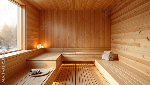 Scandinavian modern sauna interior photo, orange light, professional photo. photo