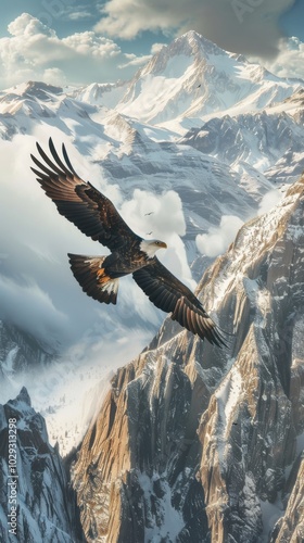 Majestic eagle soaring over a mountain range, 4K hyperrealistic photo photo