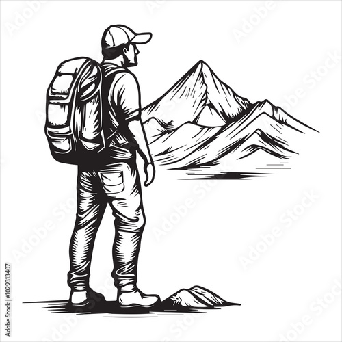 Silhouette of Hiker with Backpack in Mountain Forest Landscape.