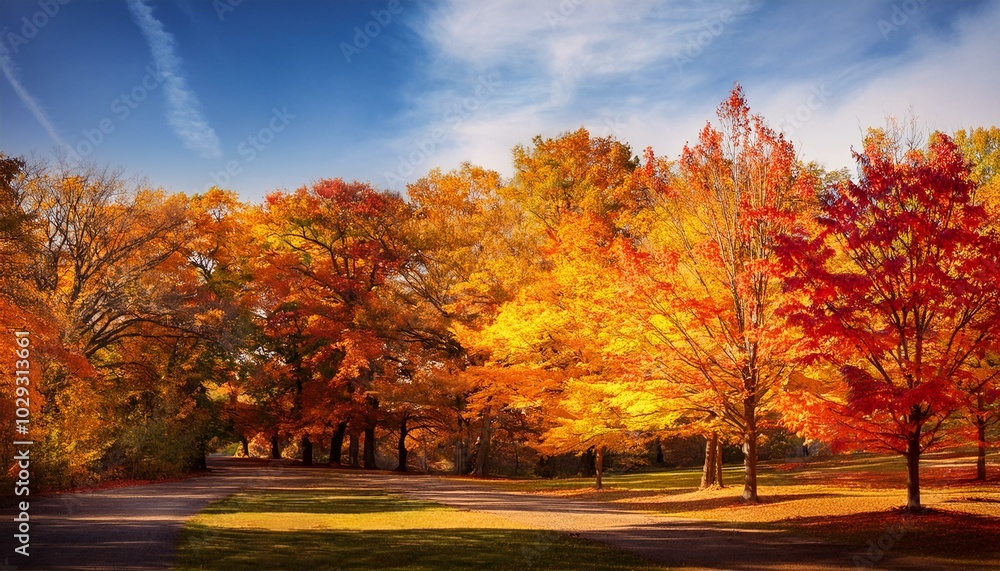 A beautiful landscape picture of fall and autumn season with foliage; color changing leaves on trees on a bright day; foliage photography; falling leaves and golden hour sunshine A beautiful landscape picture of fall and autumn season with foliage; color changing leaves on trees on a bright day; foliage photography; falling leaves and golden hour sunshine