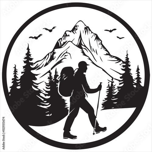 Silhouette of Hiker with Backpack in Mountain Forest Landscape.
