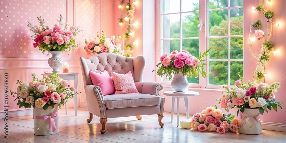 Obraz premium Elegant Pink and White Floral Room Decor for Portrait Photography
