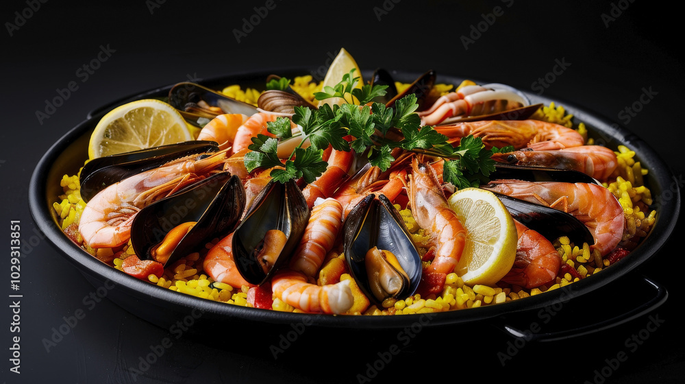 Classic seafood paella components—grains of saffron rice, plump shrimp, mussels, clams, squid, fresh parsley, and lemon wedges—suspended mid-air, creating an artistic and dynamic visual. Classic seafood paella components—grains of saffron rice, plump shrimp, mussels, clams, squid, fresh parsley, and lemon wedges—suspended mid-air, creating an artistic and dynamic visual.