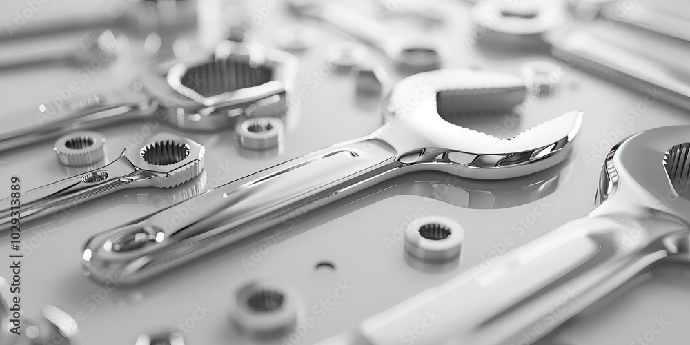 Abstract background with wrenches, nuts, and bolts and clean white surface, smooth texture, minimalistic design. Abstract background with wrenches, nuts, and bolts and clean white surface, smooth texture, minimalistic design.