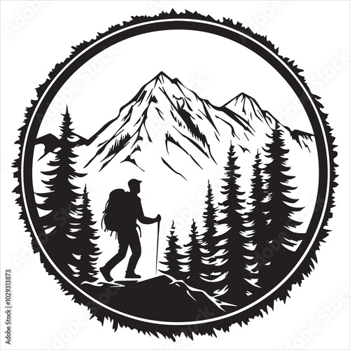 Silhouette of Hiker with Backpack in Mountain Forest Landscape.