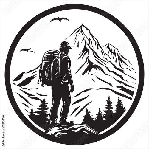 Silhouette of Hiker with Backpack in Mountain Forest Landscape.